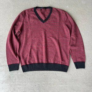 Jhane Barnes Men’s V-Neck Sweater Red Gray Stripe 50% Cashmere Silk Blend Size L